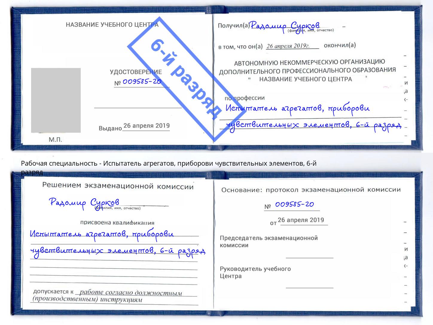 корочка 6-й разряд Испытатель агрегатов, приборови чувствительных элементов Пятигорск