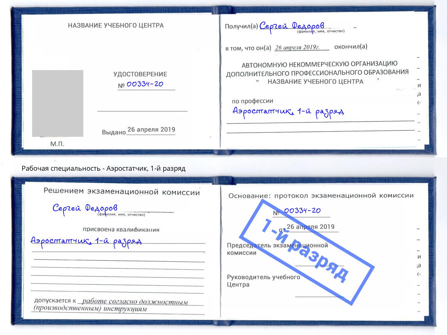 корочка 1-й разряд Аэростатчик Пятигорск