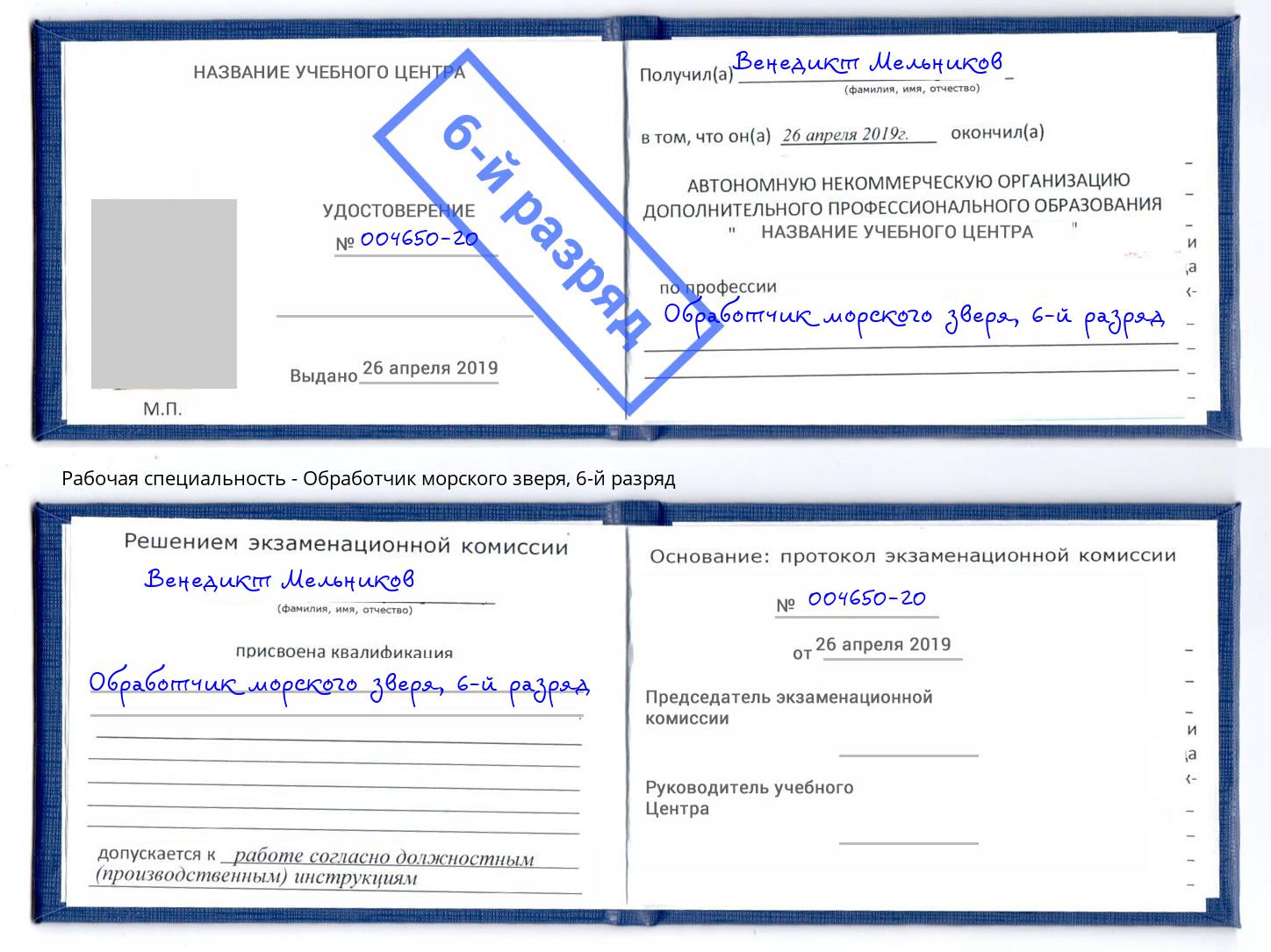 корочка 6-й разряд Обработчик морского зверя Пятигорск
