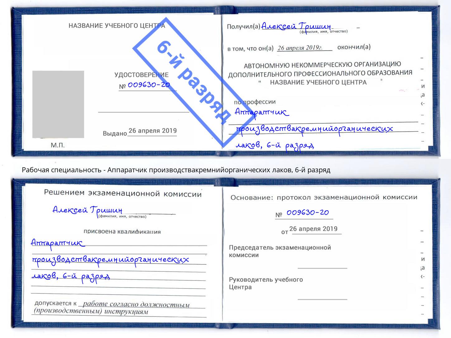 корочка 6-й разряд Аппаратчик производствакремнийорганических лаков Пятигорск