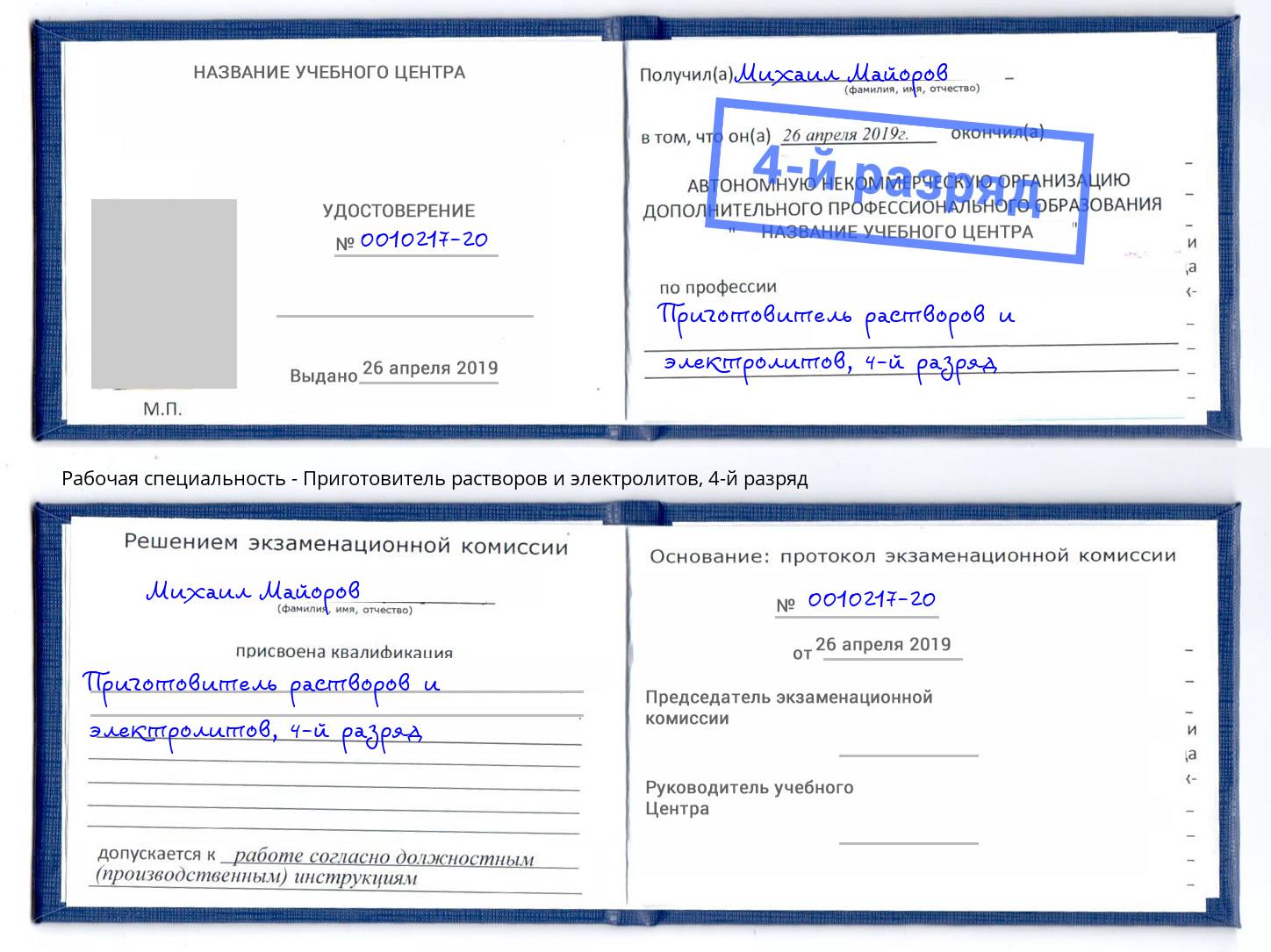 корочка 4-й разряд Приготовитель растворов и электролитов Пятигорск