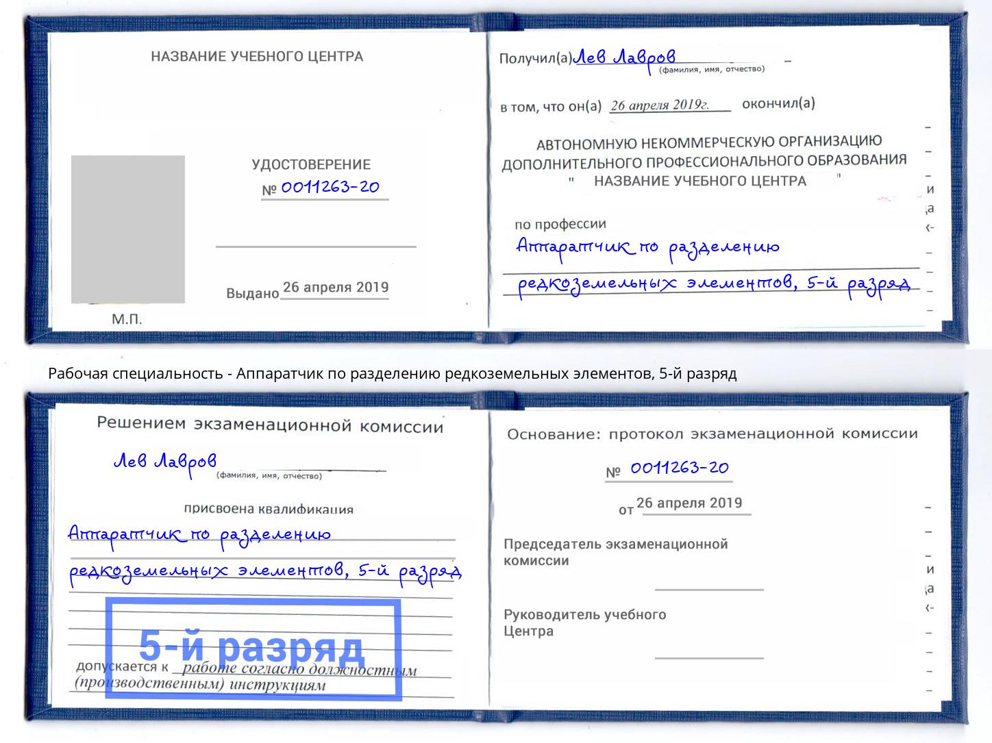 корочка 5-й разряд Аппаратчик по разделению редкоземельных элементов Пятигорск